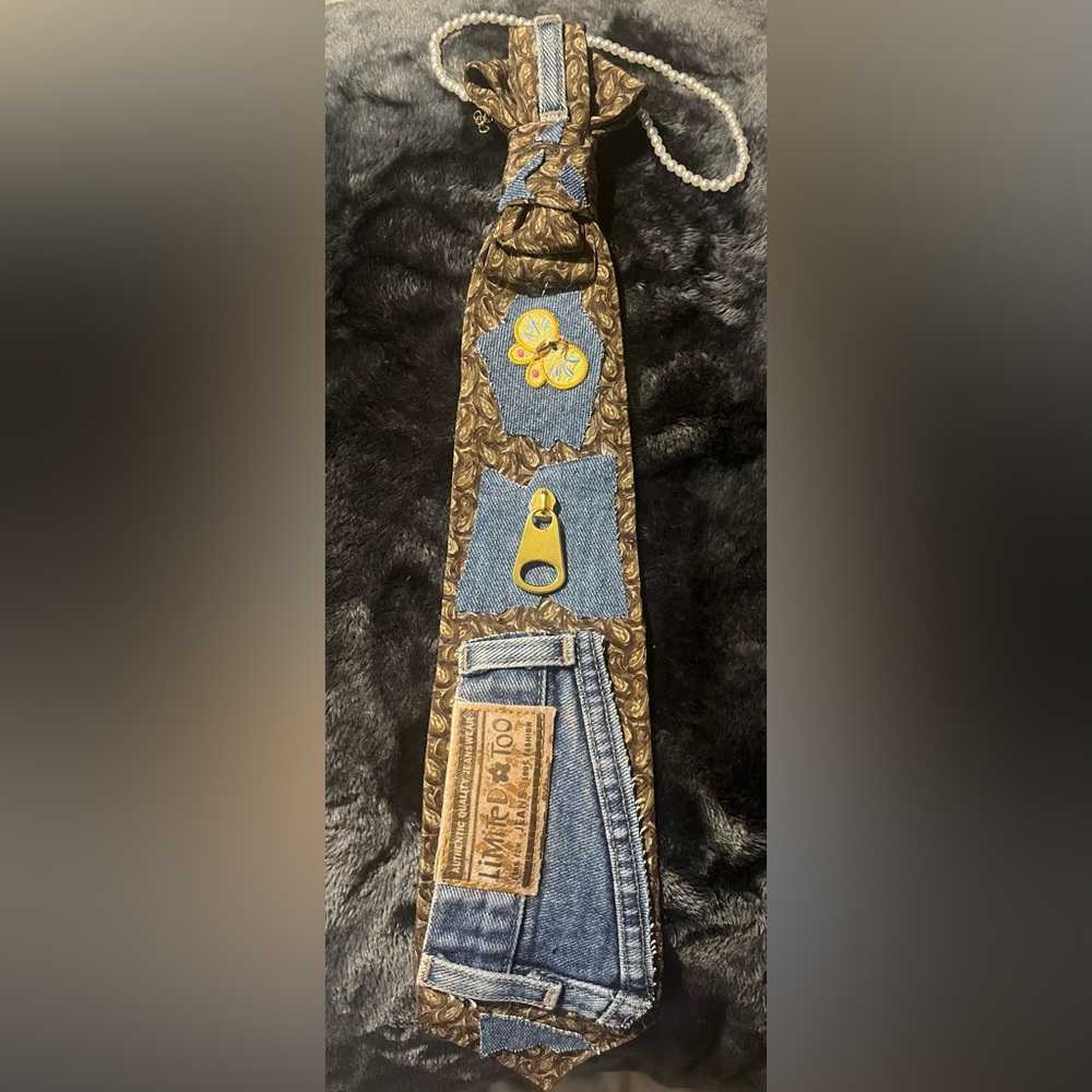 SOLD Unique Denim Pattern Tie with Butterfly Design